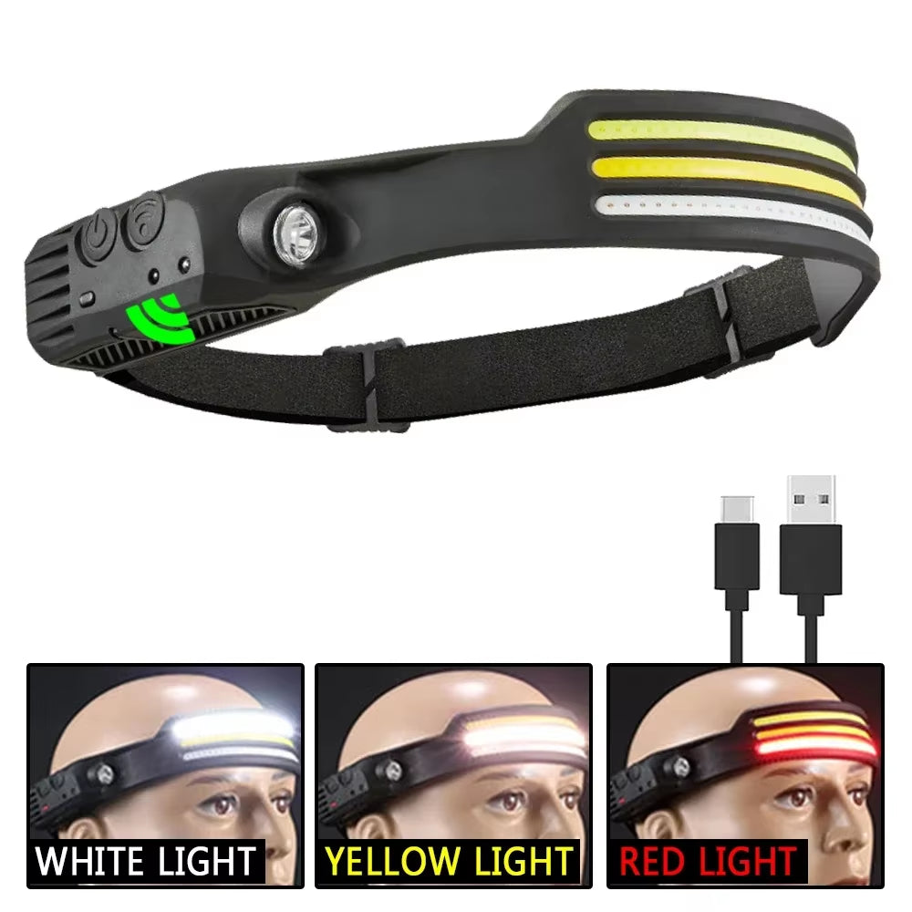 Sensor Headlamp COB LED Head Lamp Flashlight USB Rechargeable Head Torch 5 Lighting Modes Head Light with Built-In Battery