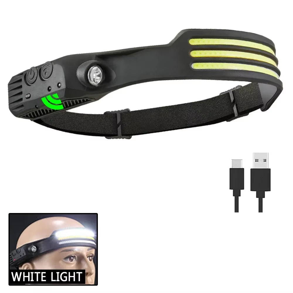 Sensor Headlamp COB LED Head Lamp Flashlight USB Rechargeable Head Torch 5 Lighting Modes Head Light with Built-In Battery